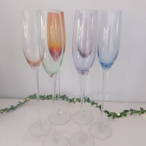 Lot de 6 flûtes à champagne en verre colorées, hauteur 32 cm