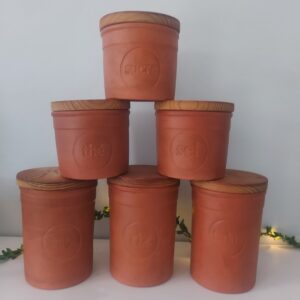 Lot de 6 pots de conservation des aliments en terre cuite couvercles en bois vintage