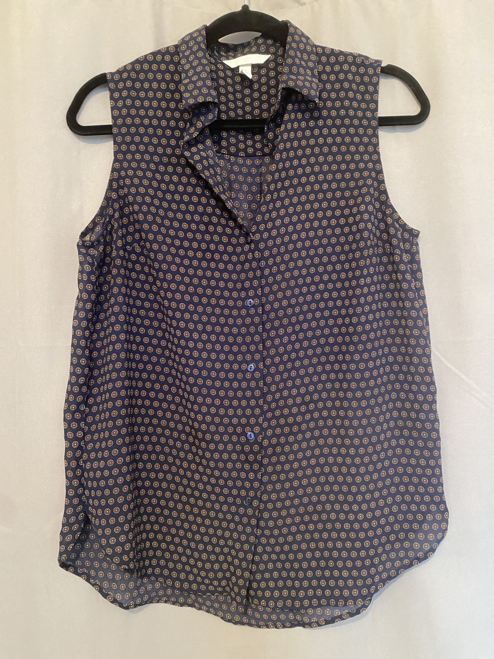 Haut sans manche fin bleu marine H&M taille 36 petits motifs ronds bordeaux et jaune